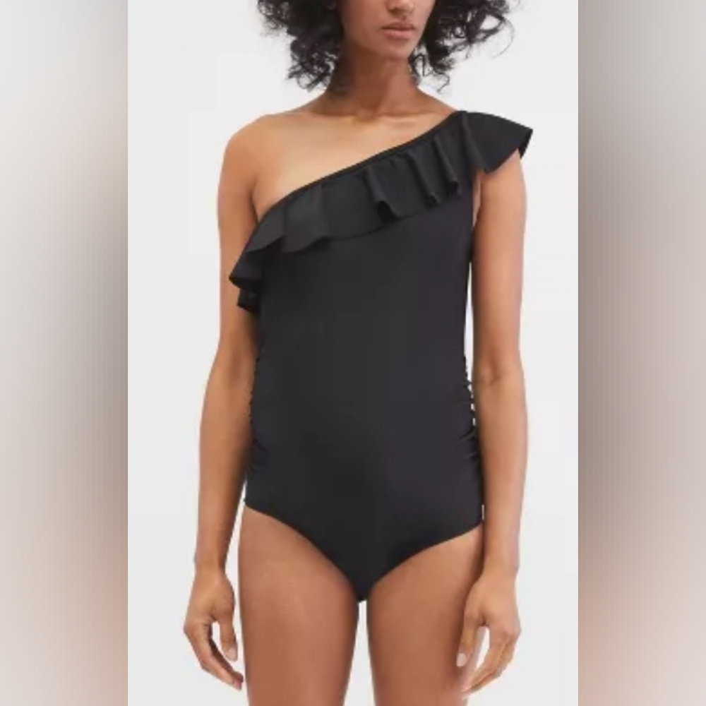 One-Shoulder Black Ruffle One-Piece Swimsuit